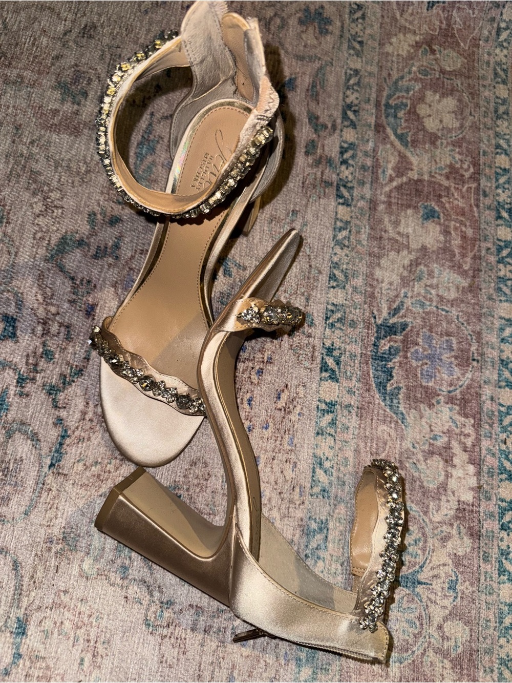 Badgley Mischka Jewel Champagne Satin Crystal-Strap Block Heels
